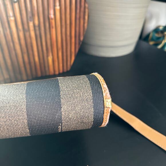 FENDI VTG 80s Pequin Stripe Cognac Saddle Flap Shoulder Bag Convertible Clutch - Picture 7 of 16